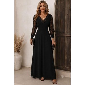 Robe longue en crêpe scintillant à manches longues et col en V pour femme, 37326 - Noir - Product Image 1
