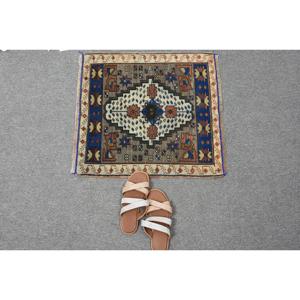 Tapis vintage, petit tapis turc 1,8x1,9 pieds, tapis persan en laine bleu brun - Product Image 5