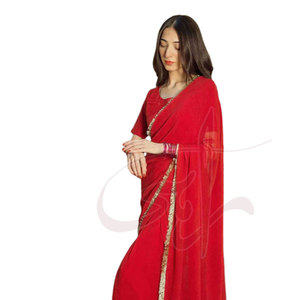 Designer Trending High Quality Soft Fabric Handmade <b>Red</b> <b>Silk</b> & Chiffon Women Saree for Party Occasions - Product Image 2
