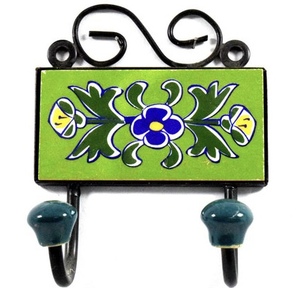 Green Rustic <b>Cast</b> <b>Iron</b> Pottery Wall <b>Coat</b> <b>Hook</b> Blue Ceramic Tile Wall <b>Coat</b> <b>Hooks</b> - Product Image 1