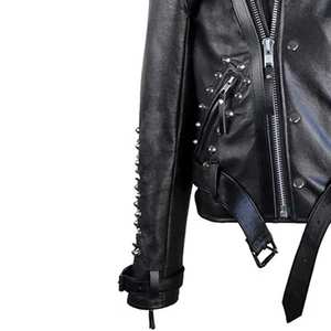 Chaqueta Bomber Vintage desgastada para mujer, cinturón con hebilla, cabujón de piel de cordero negro, cristales, chaqueta de motorista recortada, chaqueta de cuero con piedra - Product Image 5