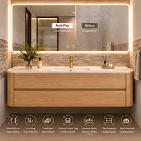 Meuble-lavabo de salle de bain moderne avec miroir intelligent 1200 mm, armoire murale en chêne massif avec plan en pierre frittée et design à coins arrondis