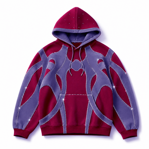 Sudadera con Capucha Personalizada de Felpa Gruesa 100% Algodón con Pedrería, Diseño de Contraste Rojo y Gris, Sudadera Tipo Pullover, Proveedor - Product Image 3