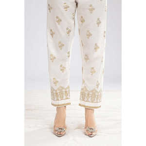 Pantalones de Mujer Blancos de Cambray con Estampado de Bloques, Transpirables, de Algodón, de Pierna Recta, con Camuflaje, Talla XL, Decoración Bordada a Mano - Product Image 1