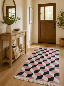 Handcrafted Pink Black 3D Geometric Block Long Hallway Runner Cotton Kilim Rug Flatweave Floor <b>Mat</b> with Tassels - Product Image 2