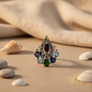 แหวนทองวินเทจสำหรับผู้หญิง เงินแท้ 925 ประดับพลอยหลากชนิด แหวนค็อกเทล ทรงไข่ ฝังเพชร ชุบทองและโรเดียม แฟชั่นวินเทจ - Product Image 3