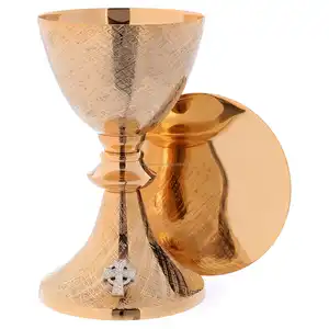 Brass Church Chalice With Rose Gold Finishing Round Shape Etching Design With Silver Cross Inlay For Drinking Wholesale Price