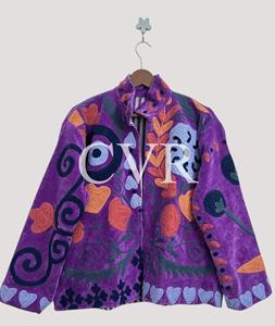 Abrigo de Terciopelo con Bordado Floral a Mano, Estilo Bohemio, Manga Larga, Cuello Mandarín, Talla Grande, Ropa de Abrigo Otoñal para Mujer - Product Image 1