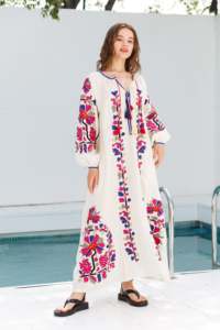 Robe Blanche Style Bohème Mexicain Manches Longues Luxueux Floral Maxi Robe Mexicaine Brodée Travail Boho Lady Resort Soirée - Product Image 3