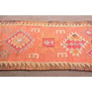 Vintage Kilim <b>Runner</b> <b>Rug</b> 2.8x8.7 ft (84x265 cm), Turkish Orange Animal Print Wool <b>Rug</b> - Product Image 4