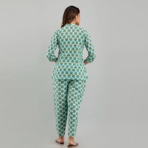 Women's Casual Cotton Floral Print Night <b>Suit</b> Sea Green with Custom Logo Button Closure Soft Woven Fabric for Bridesmaids - Product Image 2