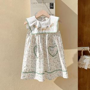 Jiefute Abito da bambina con tasca a forma di cuore, senza maniche, con motivo floreale, colletto da marinaio ricamato, abito estivo in cotone per bambini 2-7 anni - Product Image 3