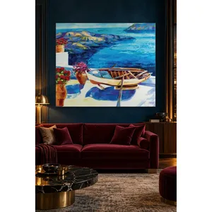 Impression sur toile de bateau à rames Fida dans Blue Cove et avec des pots de fleurs rouges - Product Image 4