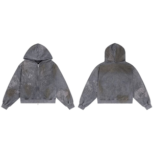 เสื้อฮู้ดดี้ทรงบ็อกซี่สำหรับผู้ชาย แบรนด์ OEM สตรีทแวร์ ผ้าเฟรนช์เทอร์รี่ 500 กรัม 100% ผ้าฝ้าย ปักลายตามสั่ง ประดับคริสตัล ล้างสีแบบแอซิดวอช ซิปหน้า สำหรับฤดูใบไม้ร่วง - Product Image 6