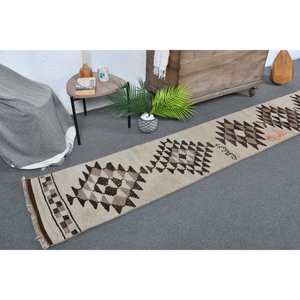 Vintage 18x11.7ft Turkish Bohemian Area <b>Rug</b> Beige Brown Patchwork Wool Latex Backing Classic Large Rectangle Hallway Design <b>Boho</b> - Product Image 1