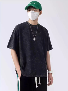 T-shirts vintage délavés à l'acide, col rond, 100 % coton épais, unisexe, basiques, coupe classique, manches courtes, décontractés, tricotés unis - Product Image 2