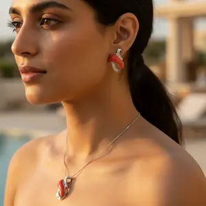 Juego de Aretes Finos para Mujer con Piedras Preciosas de Coral Plateado, Elegante Regalo de Joyería - Product Image 3