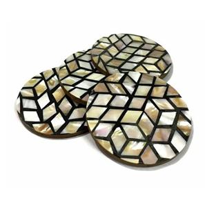 Mop Coaster Round in Grey Color Custom <b>Wood</b> Coaster Set with Handmade Bone and Brass Inlay Made in India - Product Image 3
