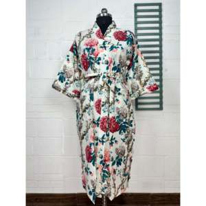 Floral Boho Handprinted Cotton Kimono <b>Robe</b> <b>Beach</b> Cover-Up Swimsuit - Product Image 1