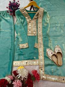 Ensemble Kurti Pant Dupatta brodé pour femmes, vert de mer, mélange de soie, vêtements ethniques, costume de fête pour femmes - Product Image 3