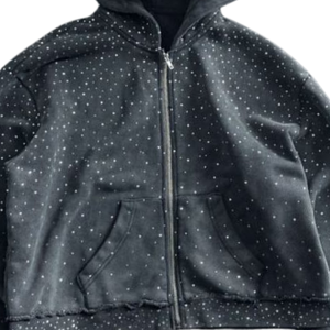 Sweat à capuche zippé noir avec strass, style streetwear, tendance, chaud, en coton, unisexe, design de créateur, pull d'automne - Product Image 2