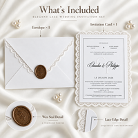 Ensemble d'invitations de mariage personnalisées avec bordure en dentelle, carte de rappel de date et carte RSVP, estampage à chaud en relief, impression typographique