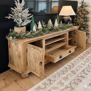 ชั้นวางทีวีไม้มะม่วงแท้ ดีไซน์โบราณแบบดั้งเดิม ทำด้วยมือ เป็นมิตรกับสิ่งแวดล้อม ทนทาน ใช้งานได้หลากหลาย พร้อมที่เก็บของ สำหรับห้องนั่งเล่น - Product Image 4