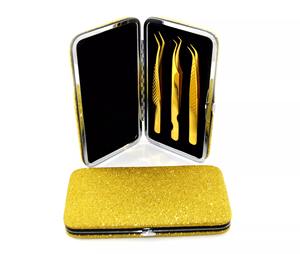 Juego de 3 piezas de pinzas de extensión de pestañas doradas, pinzas rectas y curvadas con caja magnética, ventilador, pastilla de aislamiento, pinzas de puntos finos - Product Image 3
