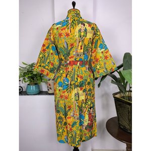 Kimono Boho-Hausmantel Aus Reiner Baumwolle Sommerkleid in Senfgelb Farida Khalo Fr Freizeit Und Tag Handblock-Indien - Product Image 6