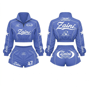 Conjunto Deportivo Corto para Mujer, Chaqueta Corta y Pantalones Cortos, Tafetán de Poliéster Premium de 80 GSM, Azul Rey y Blanco, Logotipo Personalizado con Serigrafía - Product Image 1