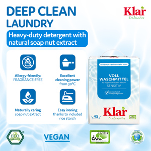 Detergente en Polvo Vegano Ecológico KLAR Eco Sensitive, Certificado Ecológicamente, Sin Fragancia, 2.475 kg, 45 Lavados, Detergente para Lavadora de Alto Rendimiento - Product Image 2