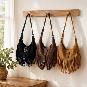 Sac à bandoulière vintage bohème à franges pour femme, sac hobo en daim PU avec pompon et boucle sculptée, sac fourre-tout décontracté - Product Image 2
