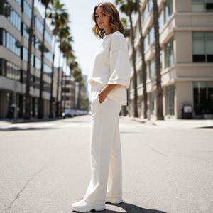 Ensemble femme en coton épais personnalisé, coupe ajustée, haut à manches longues, pantalon droit uni, streetwear d'été - Product Image 3