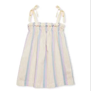 아기 여름 패션 가슴에 모이는 면 드로우 스트링 스트랩 드레스 유기농면과 재활용 섬유 줄무늬로 제작