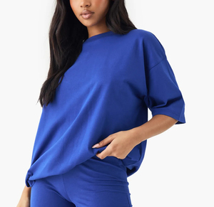 Venta caliente de calidad superior 100% algodón ligero camiseta para mujer Color sólido gota hombro cuello redondo Camiseta - Product Image 3