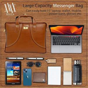 WRIZA Maletín para Portátil de Cuero Genuino, Unisex, Protección RFID, Resistente al Agua, Duradero, Gran Capacidad, Maletín de Oficina, Solapa Ajustable - Product Image 5