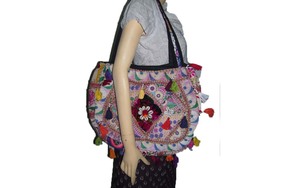 Bolso de mano Banjara de estilo bohemio hecho a mano, gran capacidad, algodón, ocasiones étnicas, adornos de espejo, cremallera portátil - Product Image 4