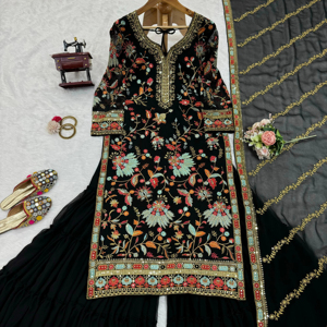 Designer Party Wear Top-Sharara y Dupatta con hilo y secuencia de trabajo con Dori - Product Image 1