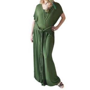 Hermoso Vestido de Maternidad de Algodón Bambú Verde, Cuello en V, Sin Mangas, con Cinturón Decorativo, Largo hasta la Rodilla, Ecológico, con Estampado Floral - Product Image 1