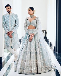 DESIGNER BRIDAL WEAR <strong>HEAVY</strong> SOFT ORGANZA CHINE SEQUINS WORK LEHENGAS WITH <strong>DUPATTA</strong> - Product Image 2