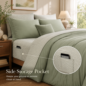 OEM Custom 7 Piece Bed in a Bag Comforter Set Sage <strong>Green</strong> <strong>Striped</strong> Microfiber <strong>Bedding</strong> with Sheets and Pillow Shams - Product Image 3