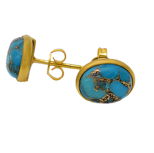 Pendientes de tuerca de cabujón ovalado de piedra preciosa turquesa de cobre azul, joyería hecha a mano, pendiente de moda romántico chapado en oro para mujer. - Product Image 3