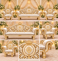 Ensemble de canapés de mariage élégant blanc et or sculpté pour scènes de réception de luxe, style royal Bollywood, ensemble de canapés en bois pour la mariée et le marié, USA