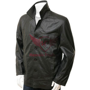 เสื้อแจ็คเก็ตรีฟเฟอร์หนังสีดําสําหรับผู้ชาย - สไตล์คลาสสิกพร้อมปุ่มด้านหน้า, กระเป๋าสะโพกแทรก, และด้านหลังธรรมดา - พอดีมาตรฐานสําหรับฤดูหนาว - Product Image 1