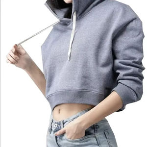 Women's <b>Grey</b> Fashionable Hooded Crop Top <b>Sweatshirt</b> Winter Gym Fitness Streetwear Wholesale Crop Hooded Tops - Product Image 1