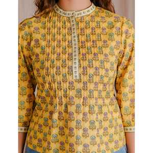 Chic <b>Yellow</b> Butti Cotton Pintux Style Short <b>Top</b> for <b>Ladies</b> XL Size Breathable Poplin Fabric Casual Formal Solid Viscose Linen - Product Image 2