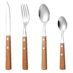 Cubiertos de Acero Inoxidable para Restaurante, Cuchillo para Carne, Tenedor, Cuchara, Cubiertos Plateados con Mango de Madera - Product Image 5