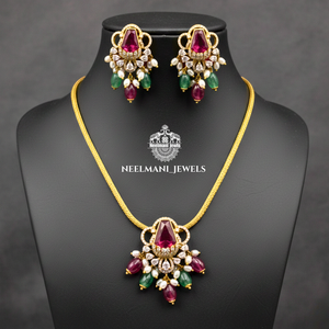 Classic Gold Plated Fine Jewelry Set <b>Ruby</b> Green Stone Pendant Earrings for Wedding Party Gift Engagement Diamond Pearl Accents - Product Image 1