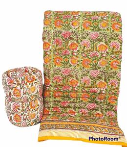 Elegant Lightweight Reversible Hand Block Printed Pastel <b>Quilt</b> Yellow Orange Pink Floral Cotton Comforter Handmade Hotels - Product Image 2