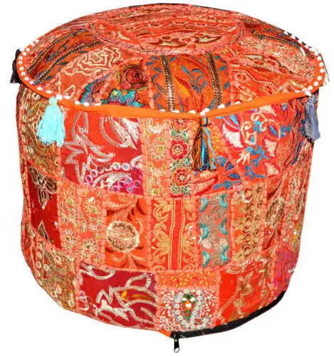 Mới Nhất Chắp Vá Thêu Màu Cam Ottoman Pouf Bìa Vòng Truyền Thống Ghế Chân Bao Gồm Cho Phòng Khách Đồ Nội Thất Trang Trí Nội Thất